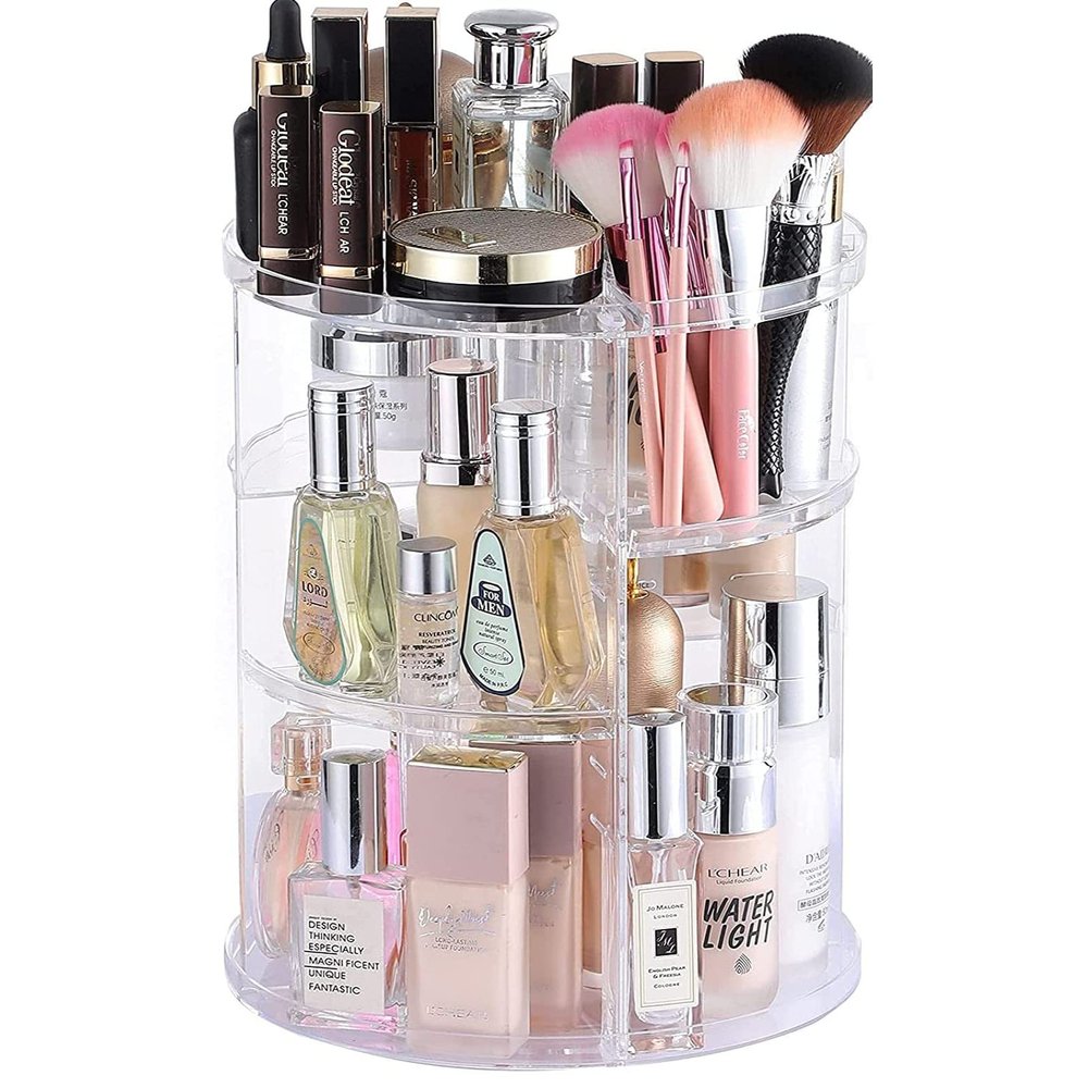360 degree CQ acrylic bathroom rotating makeup box, 4-layer adjustable makeup storage box and makeup shelf display box