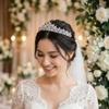 Sparkling CZ Tiaras for Women Floral Bride Crown Platinum Plated Wedding Quinceanera Prom Homecoming Crowns Flower Wave Design Bridal Jewelry Gift view 2