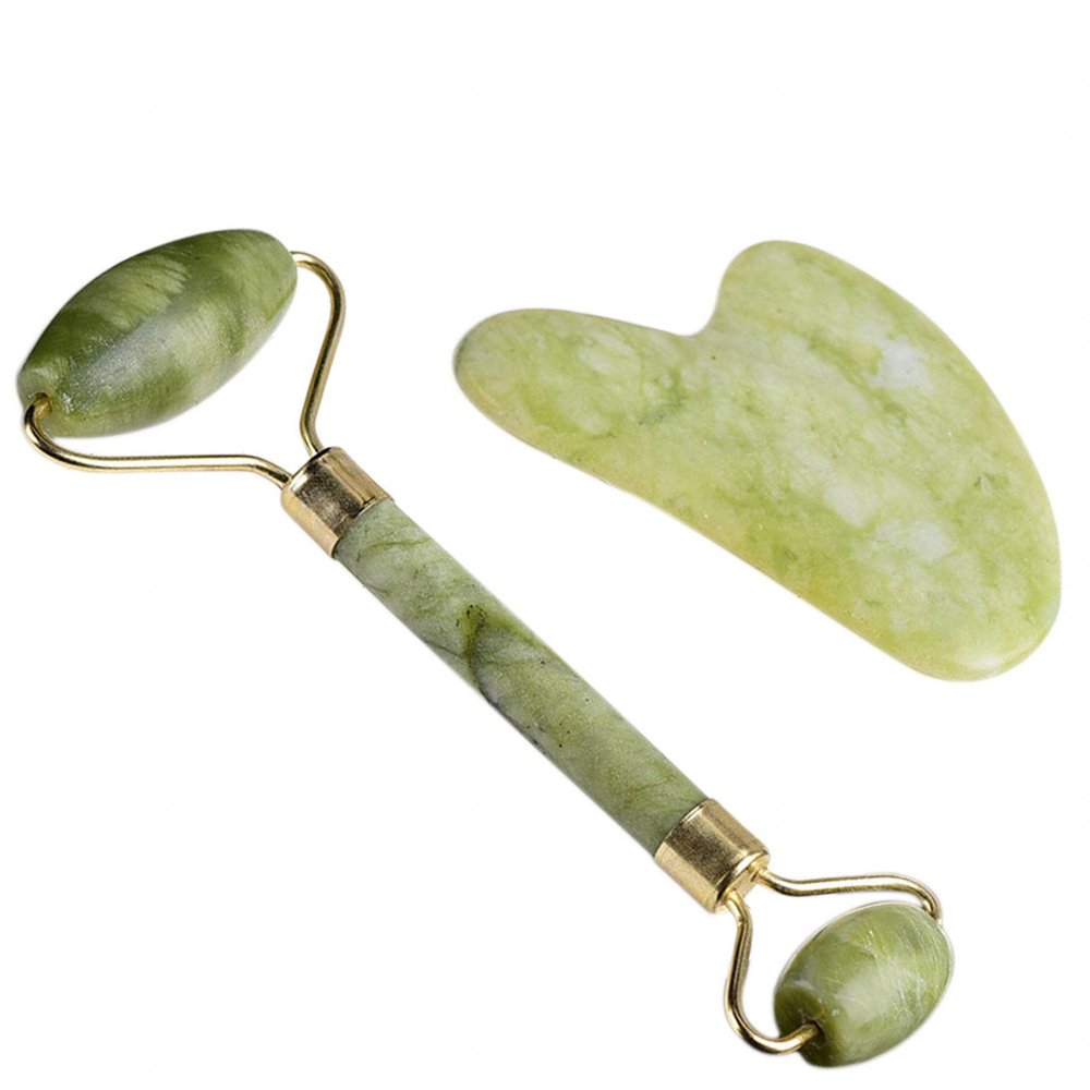 YEDECOR Jade Roller Massager and Gua Sha Set - Beauty Roller & Guasha Tool for Face, Eye, Neck, Body - Natural Healing Crystal for Massage, Beauty Skin Care,GreenJasper