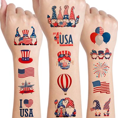 12 Sheets 4th of July Temporary Tattoos for Women, 4th of July Gnomes Party Supplies Favors Decorations Patriotic USA American Flag Fake Tattoos Stickers Independence Day Party Favors Gifts