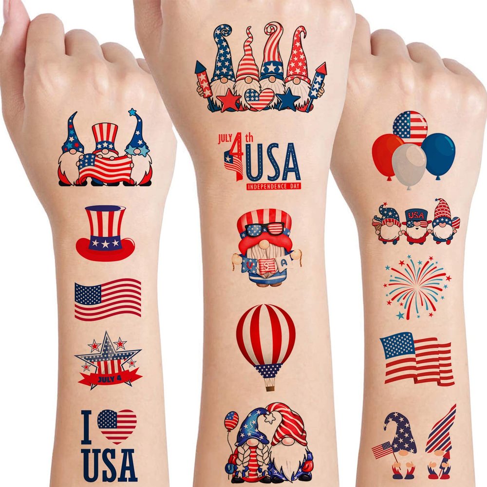 12 Sheets 4th of July Temporary Tattoos for Women, 4th of July Gnomes Party Supplies Favors Decorations Patriotic USA American Flag Fake Tattoos Stickers Independence Day Party Favors Gifts