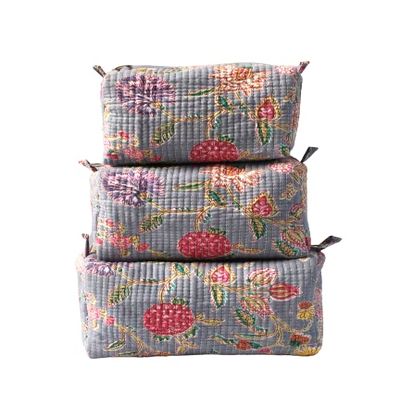 Set of 3 Pieces Indian Cotton Handmade Floral Block Print Toiletry Bag Storage, Makeup Bag, Quilted Wash Bag, Cosmetic Pouch, Travel Case