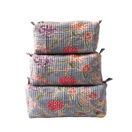 Set of 3 Pieces Indian Cotton Handmade Floral Block Print Toiletry Bag Storage, Makeup Bag, Quilted Wash Bag, Cosmetic Pouch, Travel Case