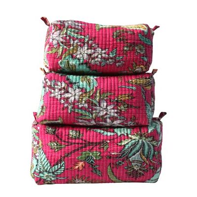 Set of 3 Pieces Toiletry Bag, Cotton Quilted Wash Bags, Toiletry Bags, Block Printed Floral Design Makeup Pouch Zipper Bag, Cosmetic Bag