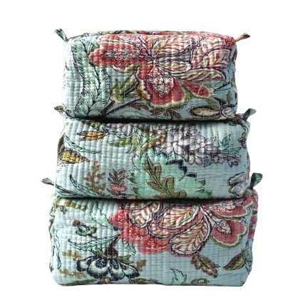 Set of 3 Pieces Gadget Bag, Indian Cotton Handmade Floral Hand Block Print Toiletry Bag Storage, Quilt Wash Bag, Cosmetic Pouch,Travel Bag