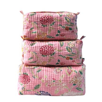 Jaipuri Cotton Bag, Set of 3 Pieces Toiletry Bag Storage, Quilted Wash Bag, Handmade Floral Print Cosmetic Organizer, Hand Block Travel bag,