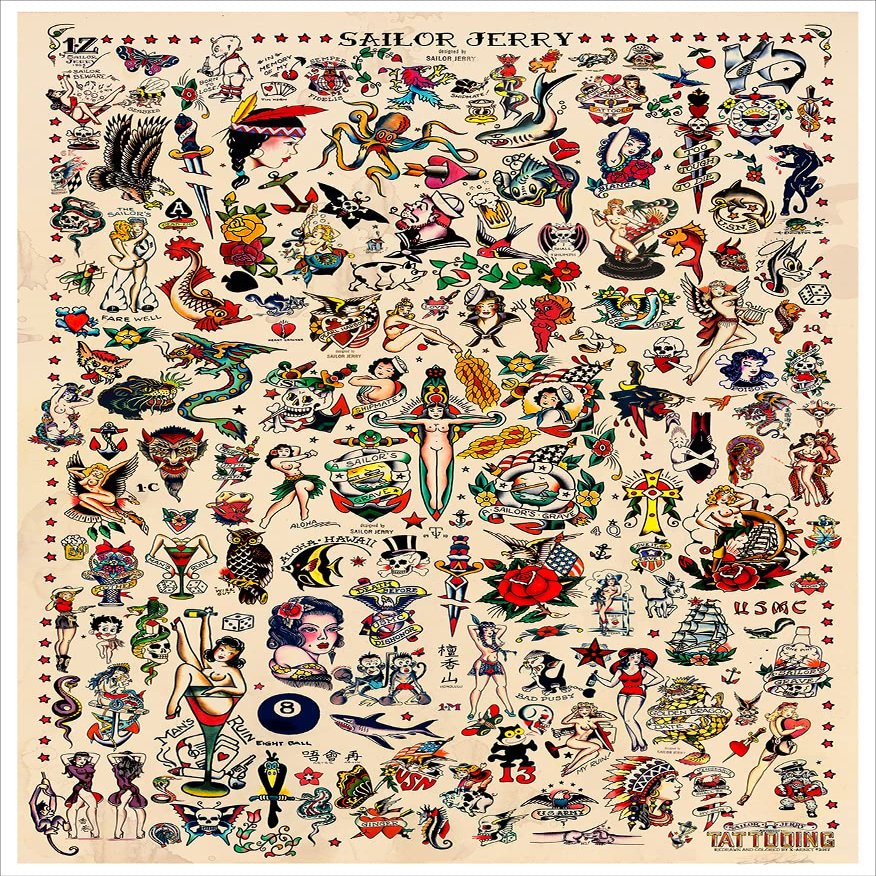 PosterOffice Sailor Jerry Tattoo Flash - Fine Art Print 24x36 Archival Printing on Fine Art Watercolor Paper - An Authentic Print with Holographic Sequential Numbering.