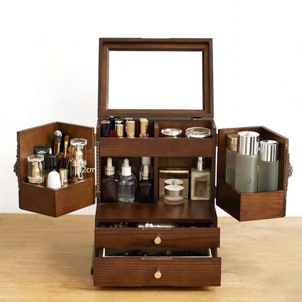 Vijian Vintage Wooden Makeup Organizer With Mirror, Dustproof Cabinet, Brown