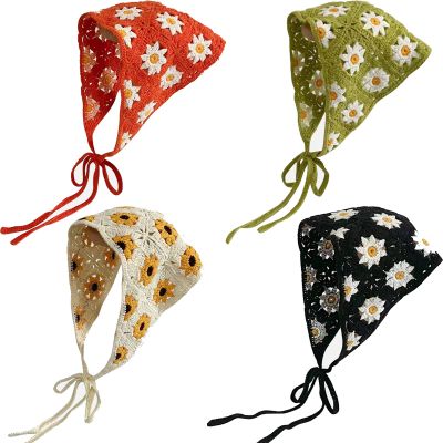 Azoiikwd Crochet Bandana, 4 Pcs Women Crochet Boho Headscarf Knitted Floral Head Kerchief Vintage Headwrap Headbands Hair Accessories (4 pcs)