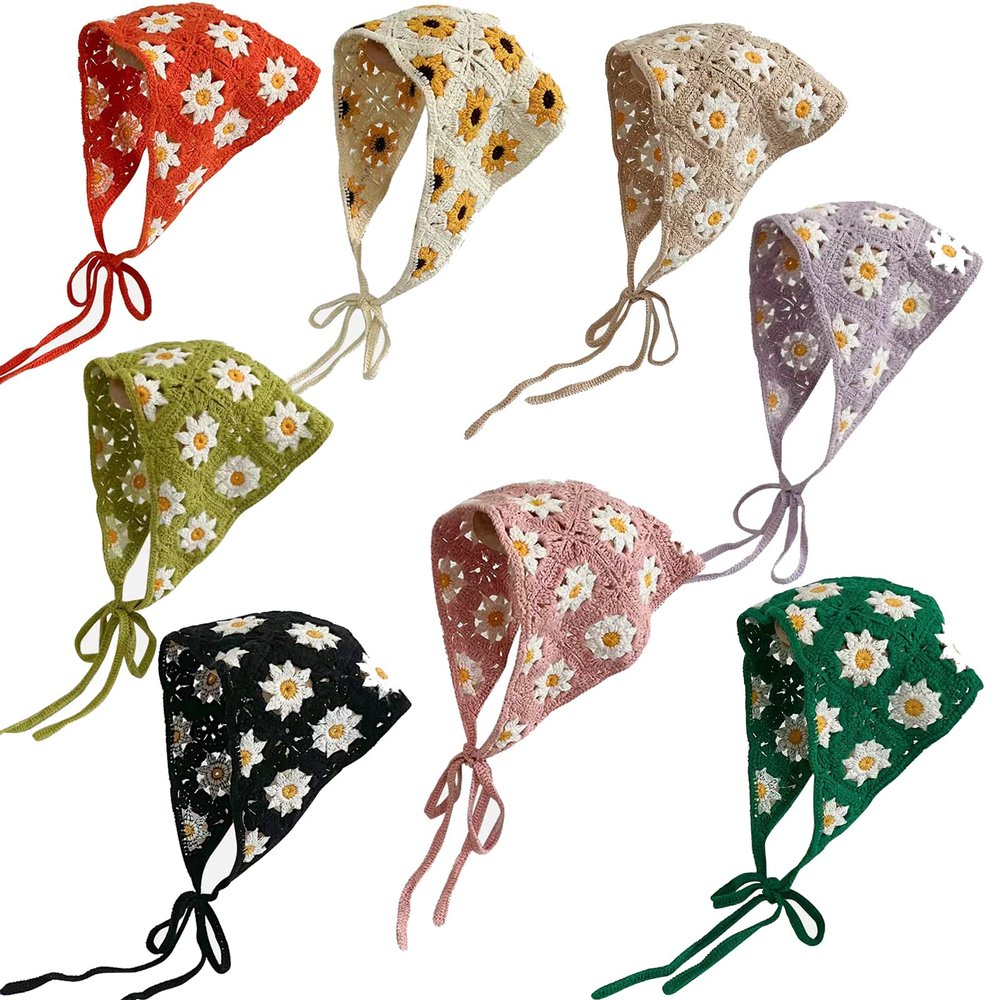 Azoiikwd Crochet Bandana, 8 Pcs Women Crochet Boho Headscarf Knitted Floral Head Kerchief Vintage Headwrap Headbands Hair Accessories (8 pcs)