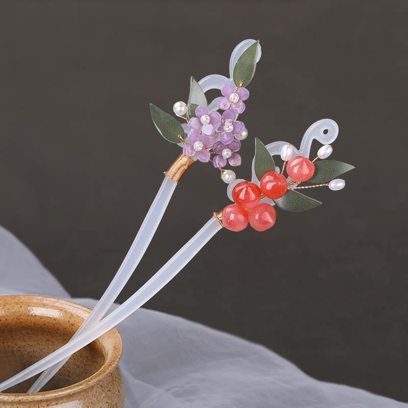 2 Pcs 7inch Rabithenn Chinese Style Hair Sticks Peach and Flower Retro Hanfu Decor with Tassel Handmade Hairpin Hair Accessories for Women Long Hair (Flower C)