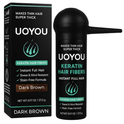 UOYOU Dark Brown Hair Fibers for Thinning 27.5g Bottle With Applicator | Natural Keratin Concealer for Hair Loss | Building Fibres Powder for Men and Women