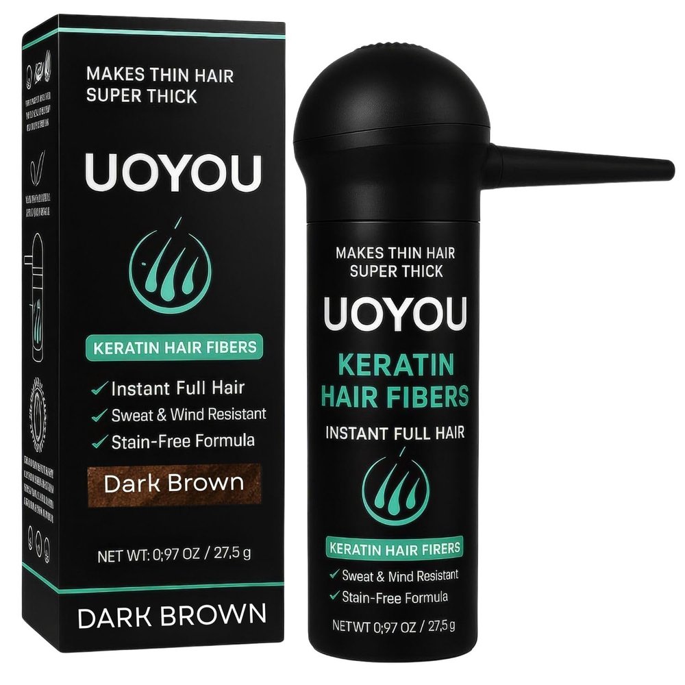 UOYOU Dark Brown Hair Fibers for Thinning 27.5g Bottle With Applicator | Natural Keratin Concealer for Hair Loss | Building Fibres Powder for Men and Women