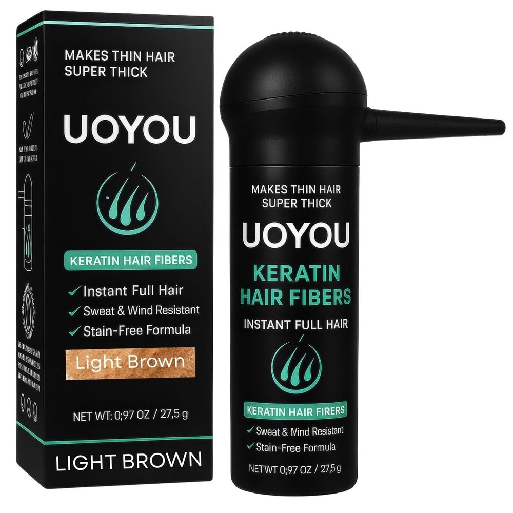UOYOU LIGHT BROWN Hair Fibers for Thinning Hair 27.5g Bottle with Applicator | Natural Keratin Hair Fibers Concealer for Hair Loss for Men and Women | Hair Building Fibres Powder [LIGHT BROWN]