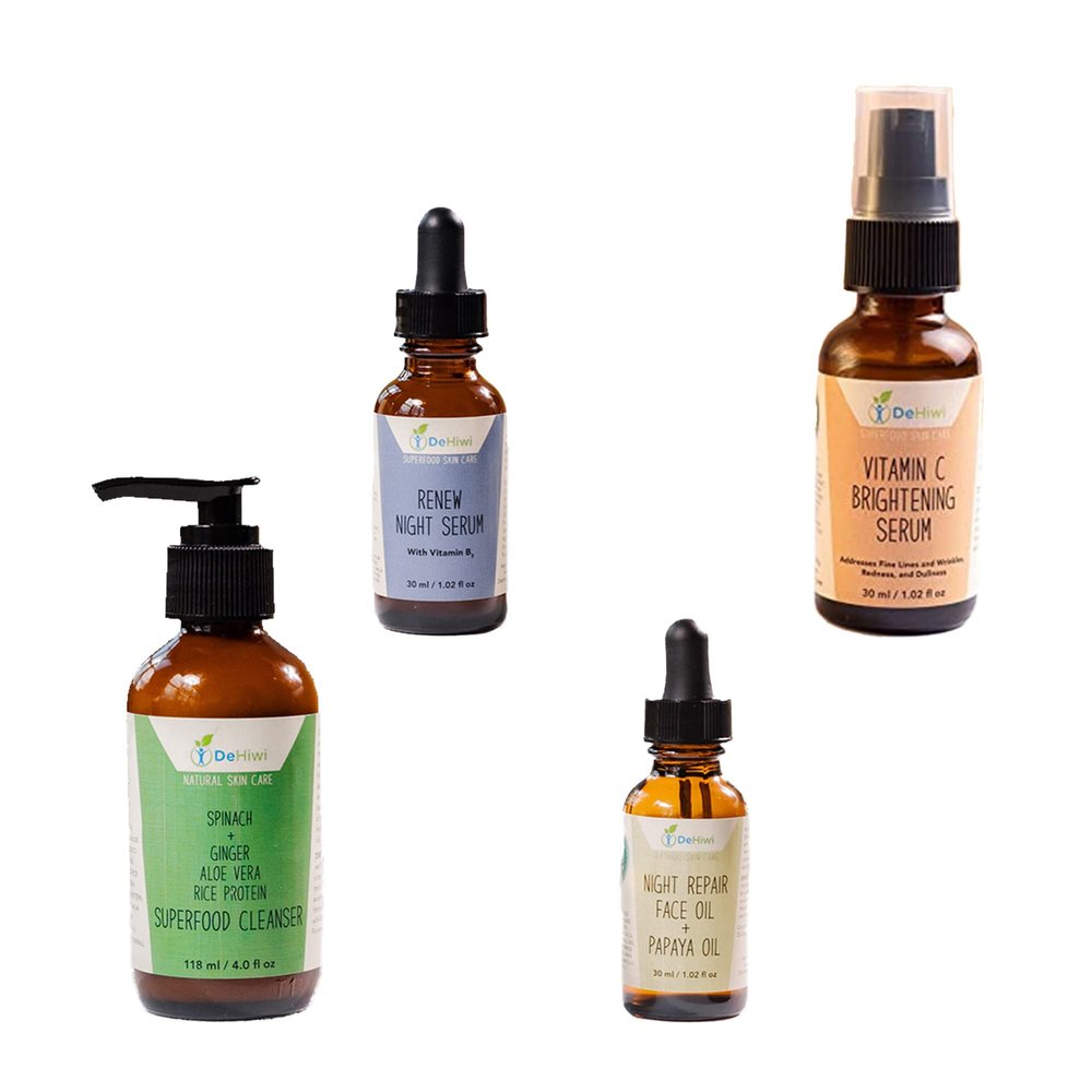 DeHiwi Superfood Skin Care Kit Renew & Repair Skincare Set Including Spinach Superfood Cleanser, Renew Night Serum, Night Repair Oil & Vitamin C Brightening Serum, Refreshing & Revitalizing Kit