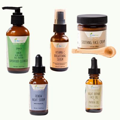 DeHiwi Superfood Skin Care Kit Dark Spot Essentials Skincare Set Including Spinach Superfood Cleanser, Renew Night Serum, Night Repair Oil, Vitamin C Serum & Soothing Face Cream, Revitalizing Kit