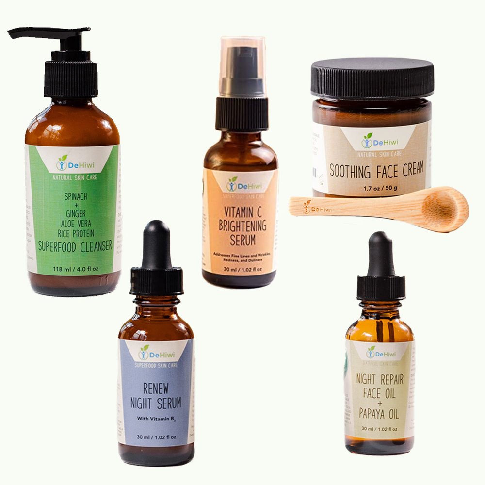 DeHiwi Superfood Skin Care Kit Dark Spot Essentials Skincare Set Including Spinach Superfood Cleanser, Renew Night Serum, Night Repair Oil, Vitamin C Serum & Soothing Face Cream, Revitalizing Kit