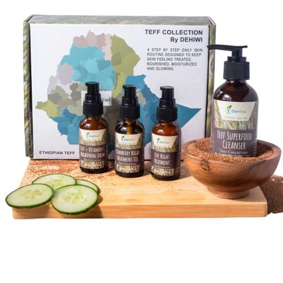 DeHiwi Superfood Skin Care Kit Teff Collection Acne & Dark Spot Control Skincare Set, Teff Superfood Cleanser, Teff Night Treatment, Cranberry Night Oil & Teff plus vitamin C brightening Serum