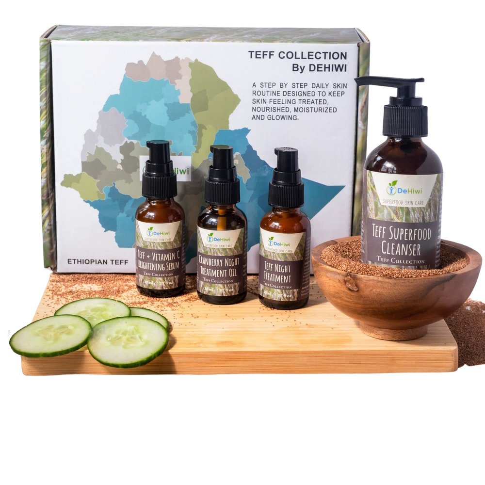 DeHiwi Superfood Skin Care Kit Teff Collection Acne & Dark Spot Control Skincare Set, Teff Superfood Cleanser, Teff Night Treatment, Cranberry Night Oil & Teff plus vitamin C brightening Serum