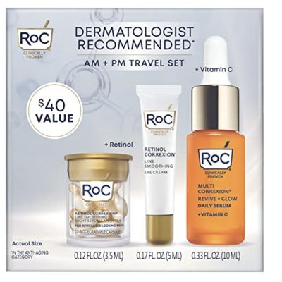 RoC AM + PM Travel Gift Set with Line Smoothing Retinol Eye Cream .25 oz, Retinol Capsules 10ct, and 10% Active Blend Vitamin C Serum