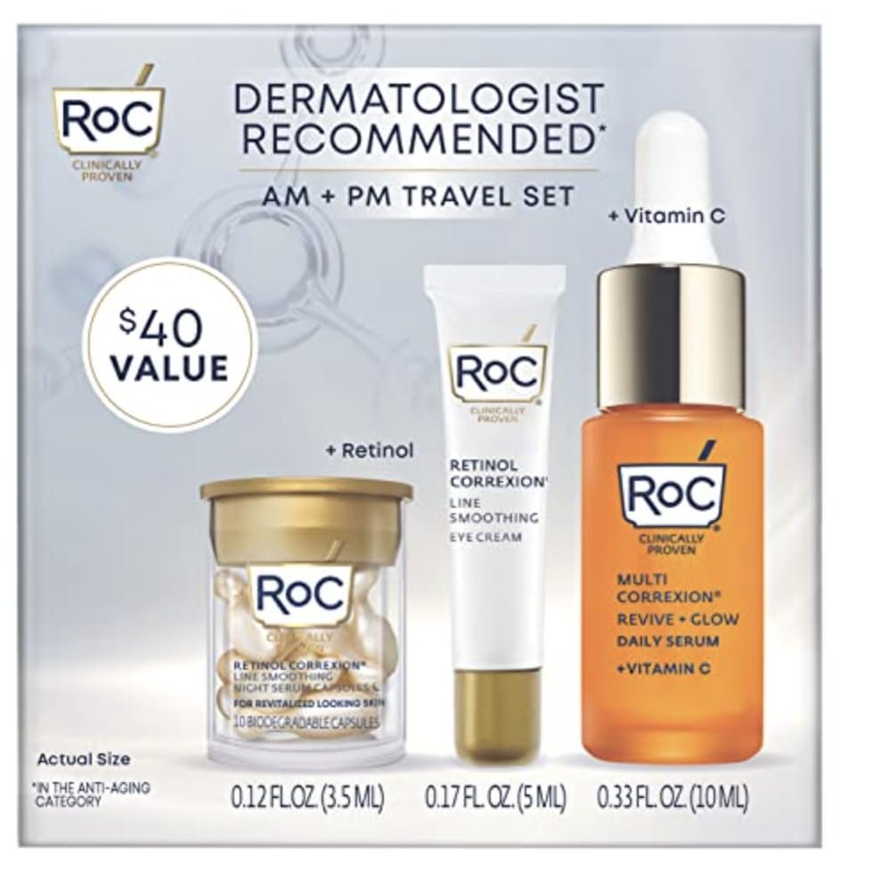 RoC AM + PM Travel Gift Set with Line Smoothing Retinol Eye Cream .25 oz, Retinol Capsules 10ct, and 10% Active Blend Vitamin C Serum