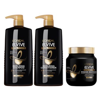 Elvive TR5 Power Restore Multi Use Treatment + Elvive Total Repair 5 Repairing Shampoo and Conditioner for Damaged Hair, 28 Ounce (Set of 2)