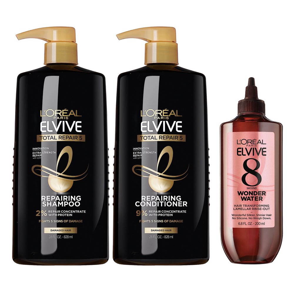 L'Oreal Paris Elvive Total Repair 5 Repairing Shampoo and Conditioner, 28 Oz (Set of 2) + Elvive 8 Second Wonder Water Lamellar, Rinse out Moisturizing Hair Treatment for Silky, Shiny Hair, 6.8 FL Oz