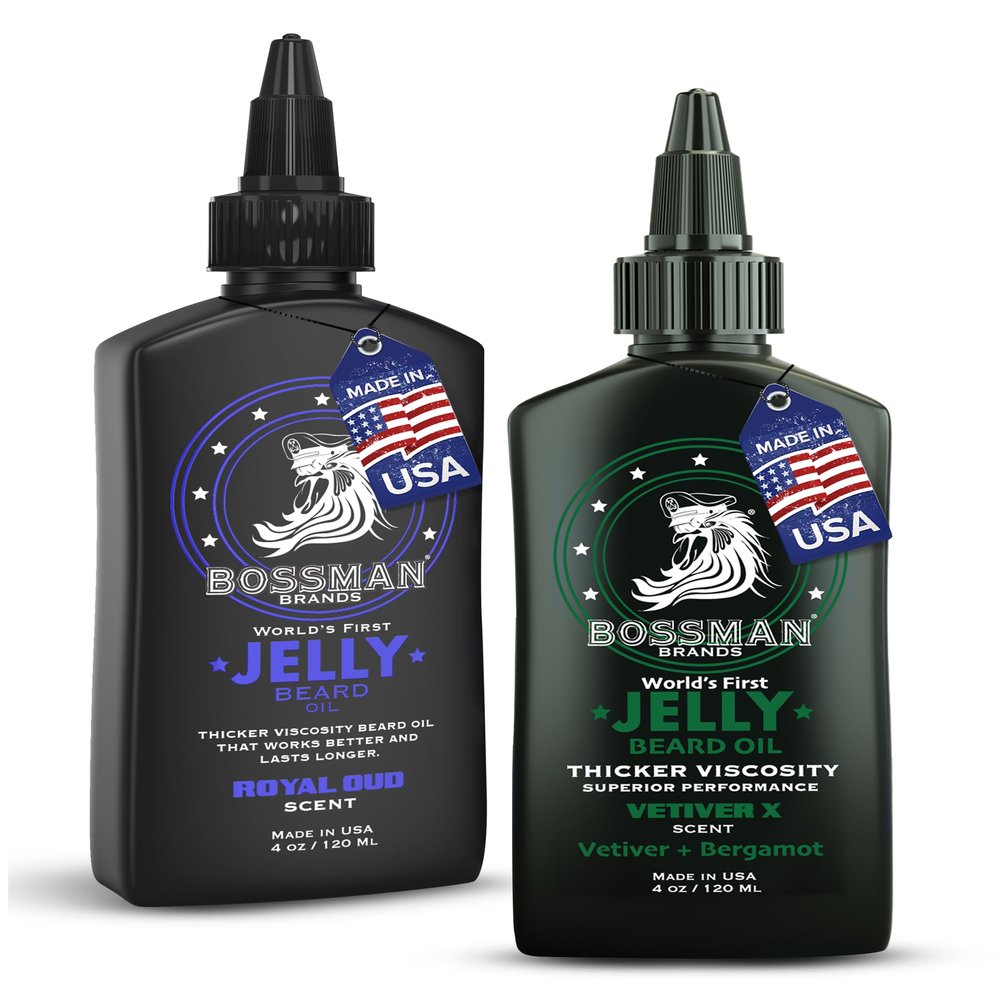 Bossman Jelly Beard Oil for Men Bundle | 2 Pack, 8 oz (Royal Oud + Vetiver X Scents) | Softens, Moisturizes & Conditions with Natural Ingredients  Made in the USA