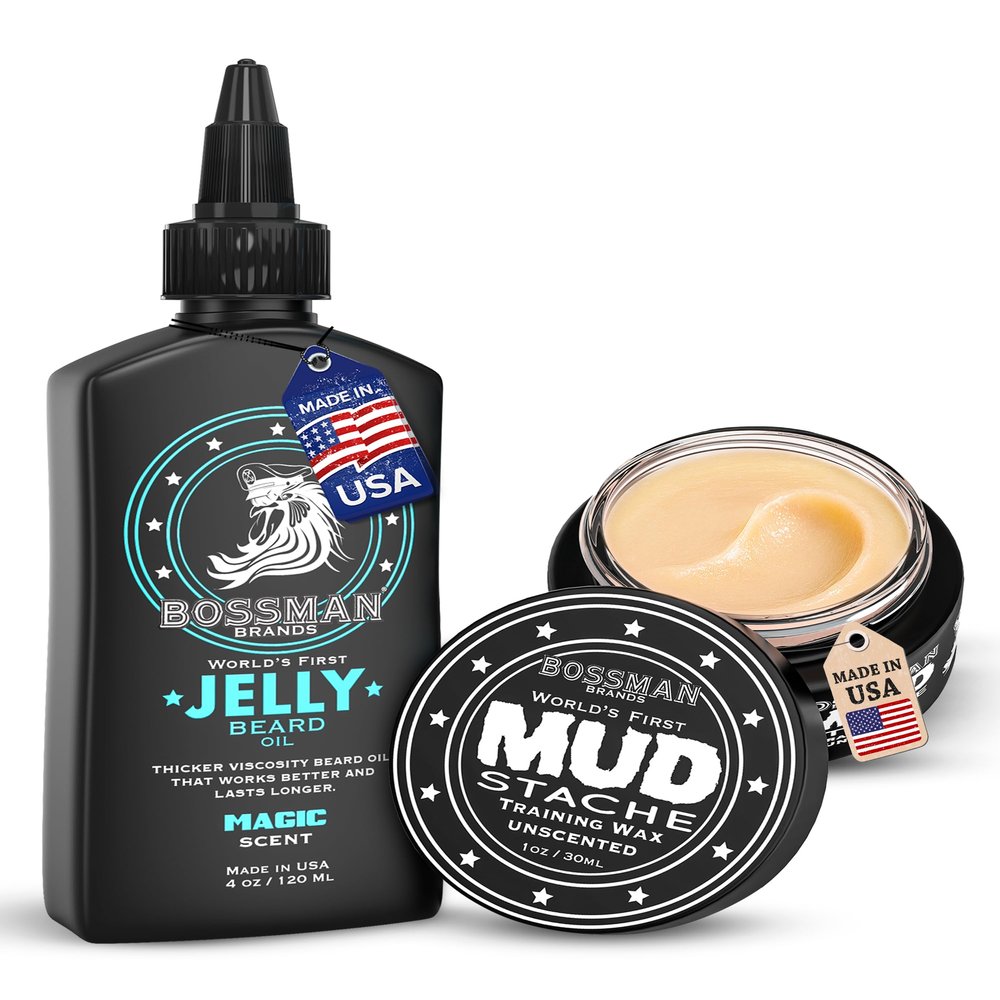 Bossman Jelly Beard Oil 4 oz + Mustache Wax for Men 1 oz Bundle | Natural, Organic, and Easy-to-Apply Styling Products  Made in the USA