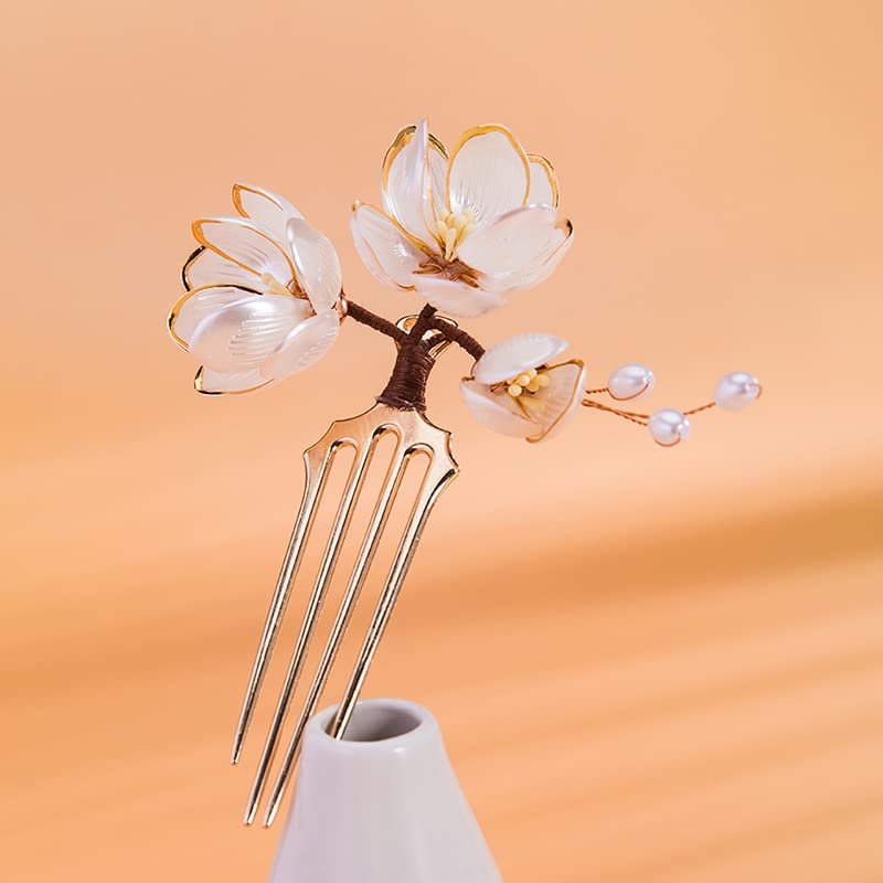Lotus Flower with Pearl Hairpin Chinese Hanfu Style Hair Fork Retro Flower with Metal Handmade Hair Clip Hair Accessories for Women Girls Long Hair(Lotus)