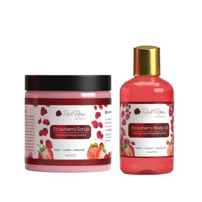Red Rose Naturals Strawberry Body Care Spa Set , Strawberry Body Scrub 8 oz. and Strawberry Body Oil 4 oz.