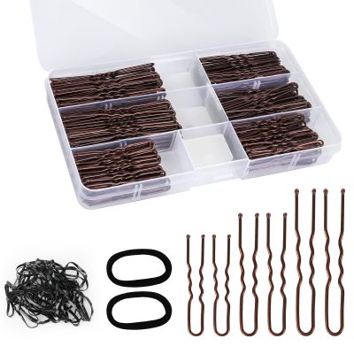 300Pcs U-Shaped Hair Pins (2.8IN, 2.4IN, 2IN) for Women, Kids, Girls - with Storage Box, 2Pcs Thick Seamless Hair Ties, and 50Pcs Elastic Hair Bands in Brown for All Hair Types