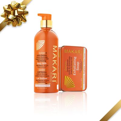 MAKARI Extreme Argan & Carrot Seed Oil Skin Toning 2-Piece Gift Set | Exfoliating Soap & Tone-Boosting Body Lotion | Botanical Self-Care Kit with Free Makeup Bag