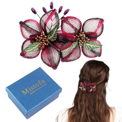 Mistofu 3.93Inch DIY Copper Wire Metal Hand-woven High-level design Barrettes Elegant Hair Accessories, Gifts for Women Girls (Red gradient double flower)