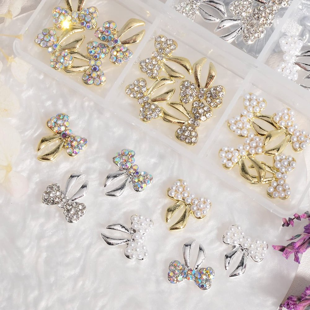 MEILINDS 30PCS Nail Charms 3D Bow Nail Charms Rhinestones for Nails Gold Sliver Nail Gem and Rhinestone Pearl Bowknot Charms for Nail Design Nail Art DIY Crafts Decoration(6 Styles)