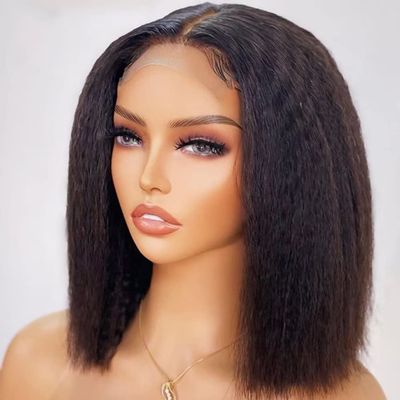 180% Density Kinky Straight Bob Wigs Human Hair For Black Women 13x4 HD Transparent Lace Front Wig Pre Plucked Brazilian Remy Hair Yaki Straight Wig Human Hair Glueless Natural Hairline Short Bob Wig 150% Density 12Inch