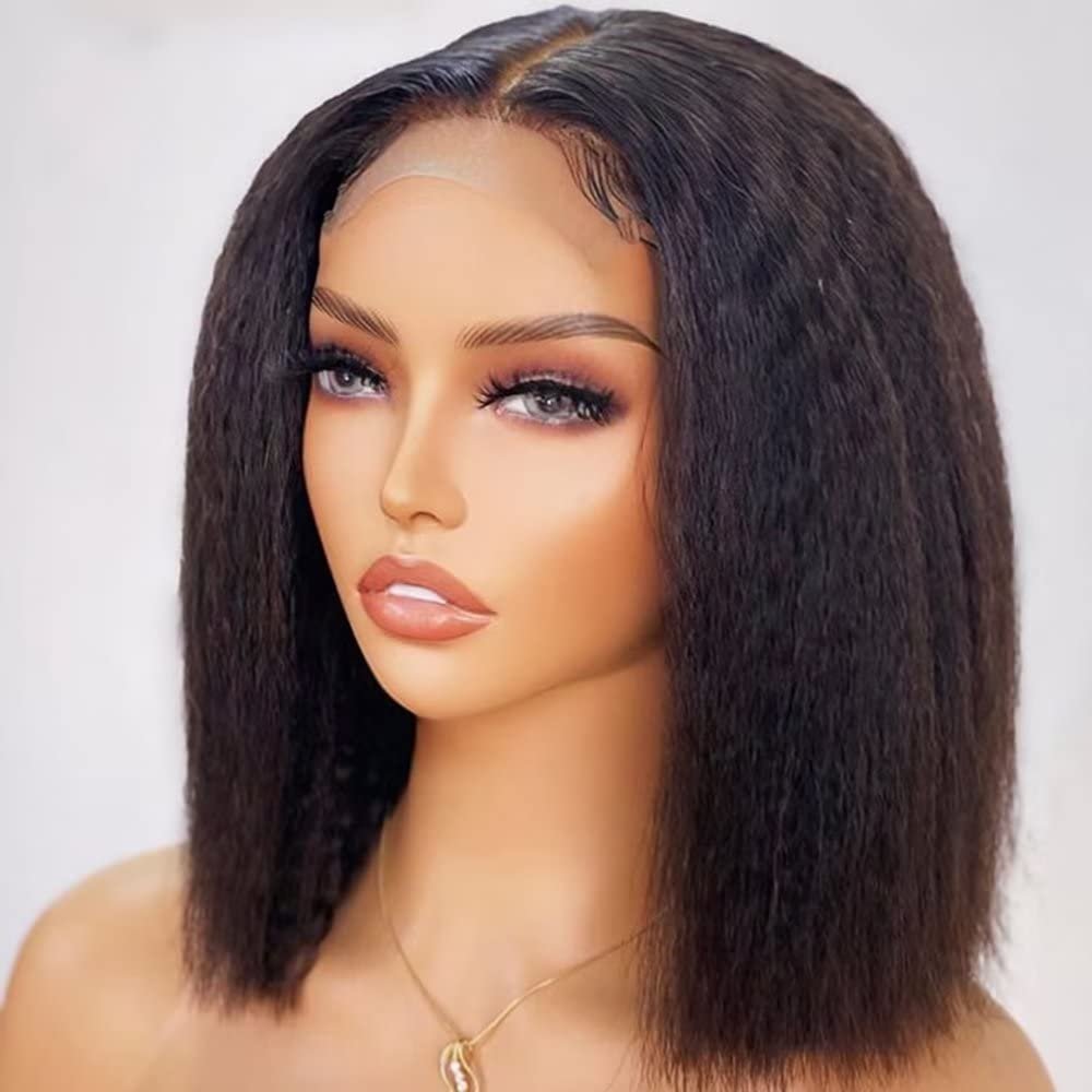 180% Density Kinky Straight Bob Wigs Human Hair For Black Women 13x4 HD Transparent Lace Front Wig Pre Plucked Brazilian Remy Hair Yaki Straight Wig Human Hair Glueless Natural Hairline Short Bob Wig 150% Density 12Inch