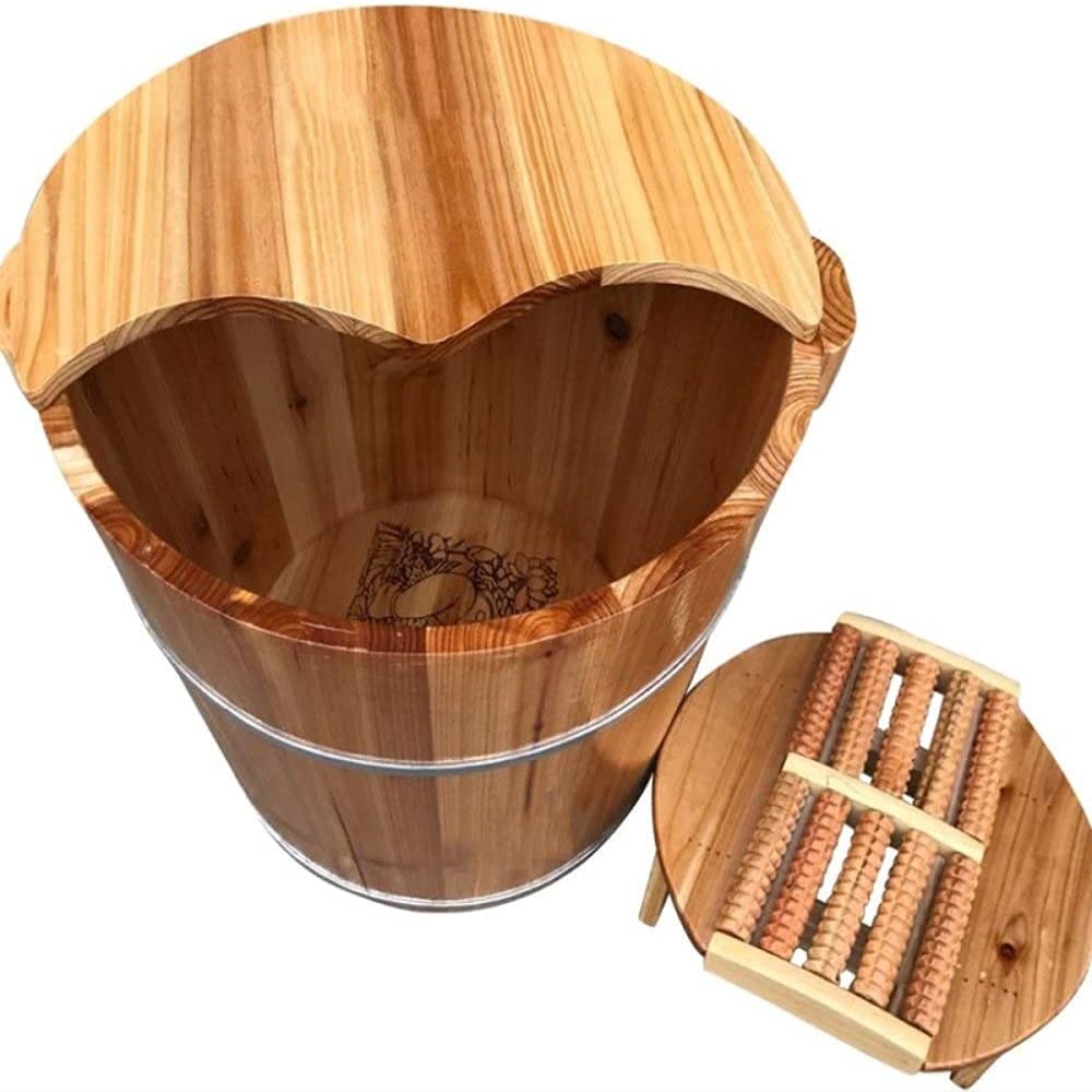 Foot Bath Spa Pedicure Basin 40cm Height Foot Bath Barrel Wooden Bucket Foot Barrels Massage Beads Foot Tub Wooden Barrels Bucket Feet With Lid For Muscle Pain Fatigue Relief Wooden Foot Spa Basin Mas