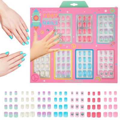 Expressions 7 Day Manicure Collection by Style Essentials - 84PC Press On Nail Set, Day-Of-The-Week Adhesive False Nails for Girls (SPACE Collection)  Colorful Novelty Designs Stick On Nails For Kids