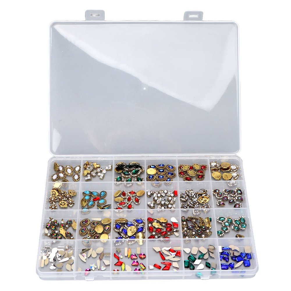 Vomeko nail art supplies 24 grid rhinestones for DIY nail art decoration, perfect nail art accessories for home and salon use G ems and stones for nail art.