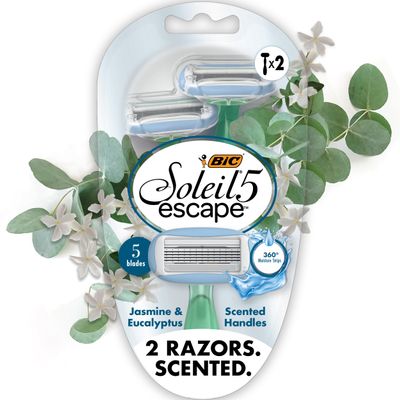BIC Soleil 5 Escape Scented Women's Disposable Razors, 5 Blades, Comfortable Shave, Jasmine & Eucalyptus Scented Handle Shaving Razors for Women, 2 Count