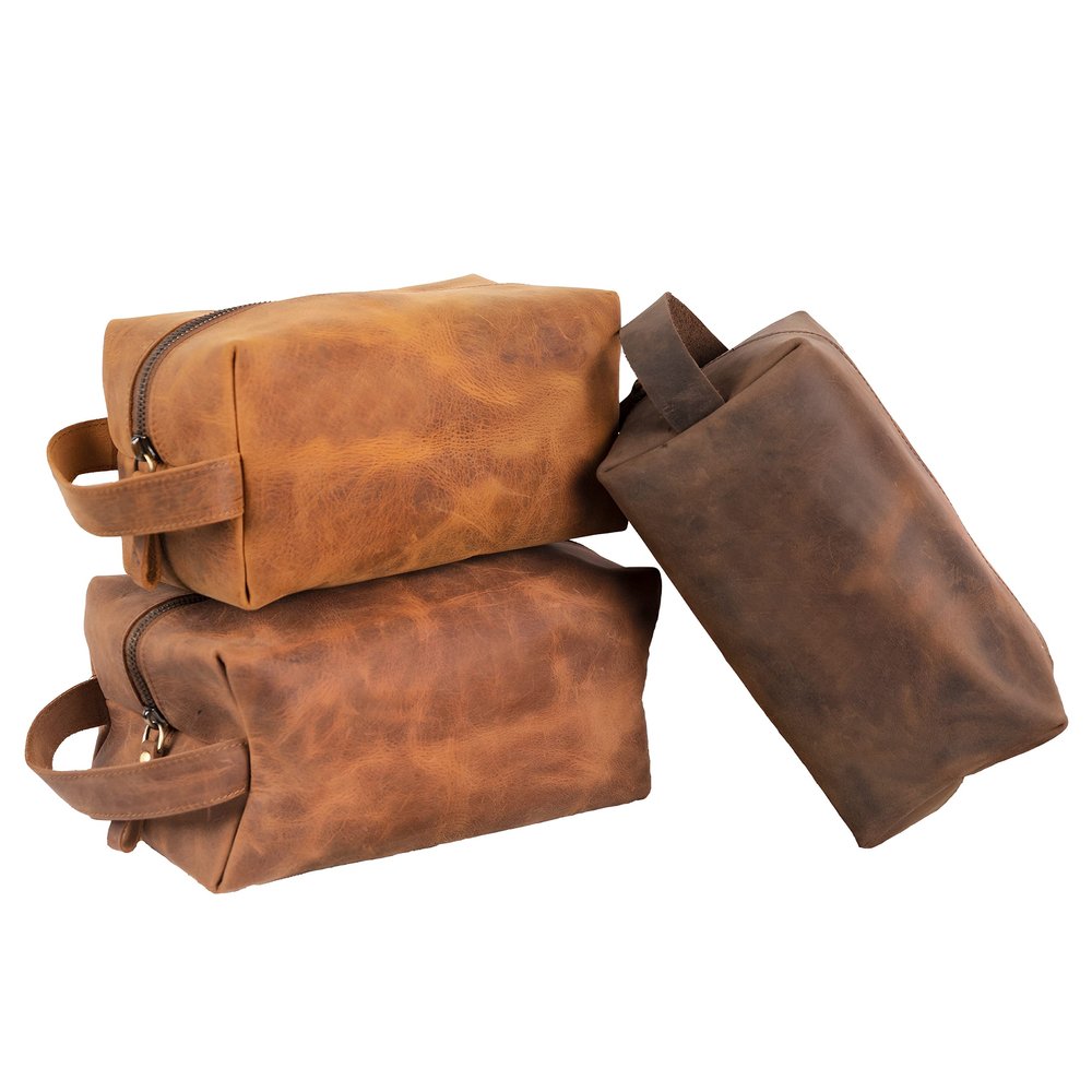 OXA Leather Toiletry Bag for Men | Grain Leather | Travel Organizer Dopp Kit | Shaving & Grooming Kit | Boyfriend & Father Gift | Medium (4x4x8 inch) | - Milk