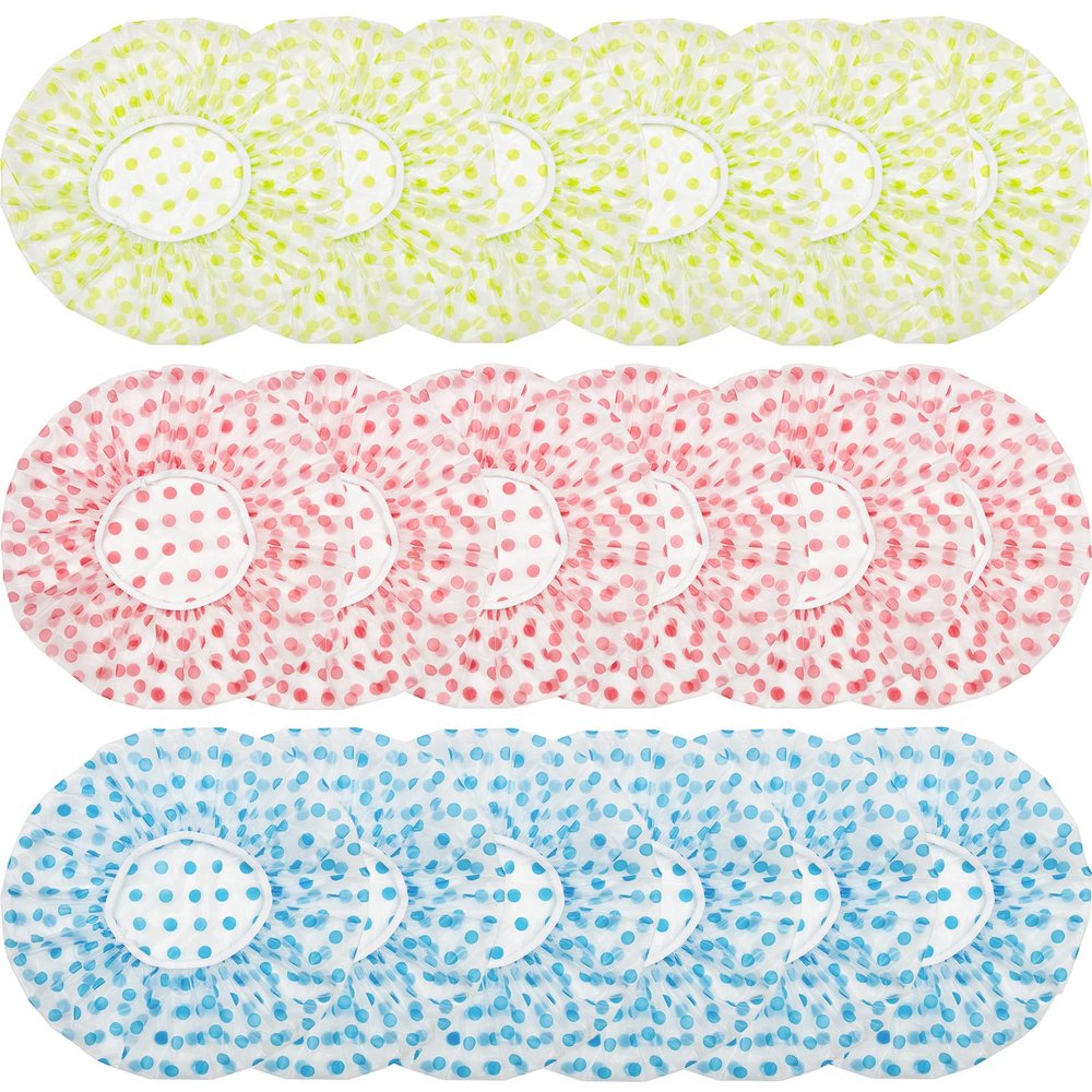 18Pcs Plastic Shower Caps for Women Reusable Waterproof Bath Caps Bathing Hair Cap Shower Caps for Shower,Spa,Salon,Housework,Girls,Home,Travel (Pink+Blue+Green)
