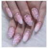 24Pcs Short Press on Nails Almond Gradient Pink Fake Nails with Rhinestones&Glitter Powder Handmade Design False Nails with Glue Bling Acrylic Nails Decoration Glue on Nails for Women Girls view 2