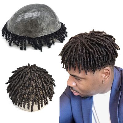 Afro Kinky Curly Toupee for Black Men Hairpiece Replacement System Afro Kinky Twist Crochet Braids Black Mens Toupee Full Durable Skin Black Men Hair System 6" 6MM AFRO WAVE, 1 JET BLACK