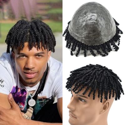 Afro Kinky Curly Toupee for Black Men Hairpiece Replacement System Afro Kinky Twist Crochet Braids Black Mens Toupee Full Durable Injected Poly Skin Black Men Hair System Mens Hair Unit 6" (6MM AFRO WAVE, #1B OFF BLACK)