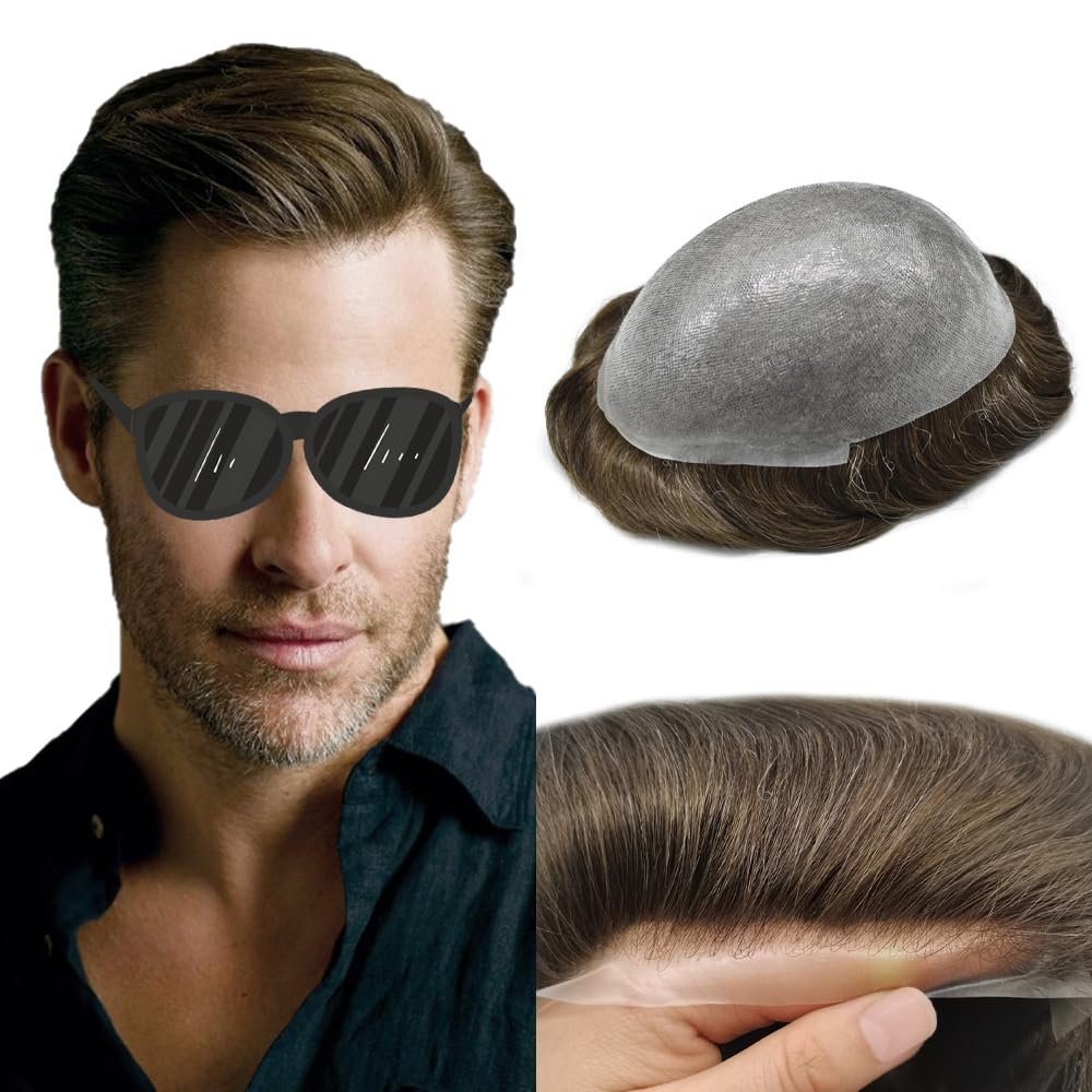 Toupee For Men Real Human Hair Ultra Thin Skin Mens Hair System Replacement 0.04mm V-loop Hair Prosthesis Hairpieces For Men 8x10''-90% light density, 20# LIGHT ASH BLONDE