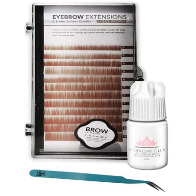 KC Republic Lash Eyebrow Extensions Kit with 1 x Trays of Mink False Eyebrows in Blonde/Light Brown Comes on Mixed Length 5-8 Mm Mix, Glue Clear & Extension Tweezers (Light Brown, Turquoise Tweezer)