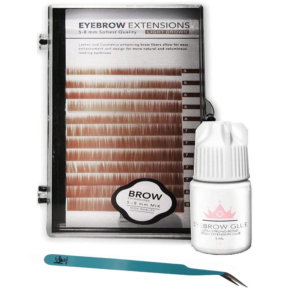 KC Republic Lash Eyebrow Extensions Kit with 1 x Trays of Mink False Eyebrows in Blonde/Light Brown Comes on Mixed Length 5-8 Mm Mix, Glue Clear & Extension Tweezers (Light Brown, Turquoise Tweezer)