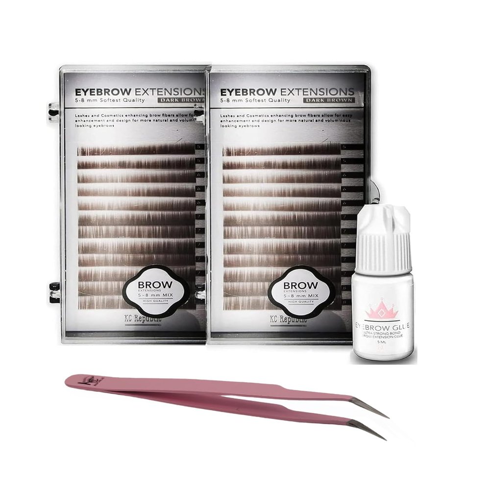 KC Republic Lash Eyebrow Extensions Kit with 2 Trays of Mink False Eyebrows in Dark Brown, Glue Clear & Extension Tweezers, Comes on Mixed Length Trays 5-8 Mm Mix (Dark Brown 2-Pack, Pink Tweezer)